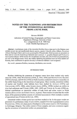 Notes on the Taxonomy and Distribution of the Interstitial Rotifera from a Dune Pool