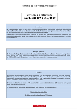 Critères De Sélections EAU LIBRE FFN 2019/2020