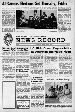 University of Cincinnati News Record. Thursday, April 13, 1967. Vol. LIIII, No