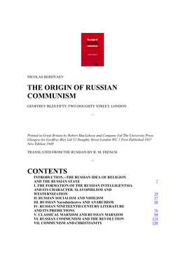 The Origin of Russian Communism Contents