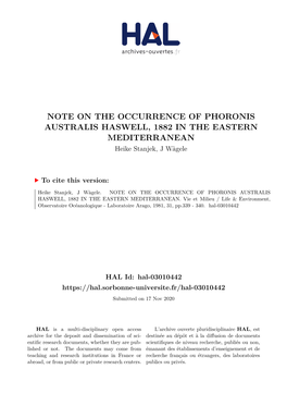 NOTE on the OCCURRENCE of PHORONIS AUSTRALIS HASWELL, 1882 in the EASTERN MEDITERRANEAN Heike Stanjek, J Wàgele