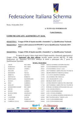 Comunicato Att. Agonistica N° 16/16