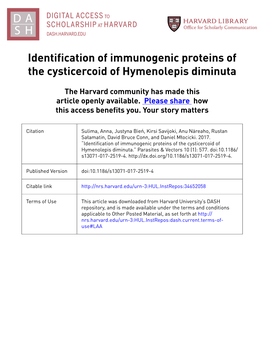 Identification of Immunogenic Proteins of the Cysticercoid of Hymenolepis Diminuta