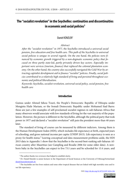 The “Socialist Revolution” in the Seychelles: Continuities and Discontinuities in Economic and Social Policies 1