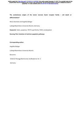 The Evolutionary Origins of the Tumor Necrosis Factor Receptor Family – Cell Death Or Differentiation?