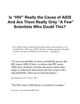 Is HIV Really the Cause of AIDS?