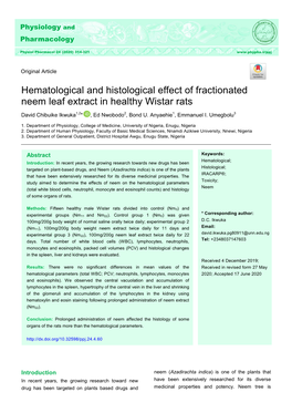 Hematological and Histological Effect of Fractionated Neem Leaf Extract in Healthy Wistar Rats