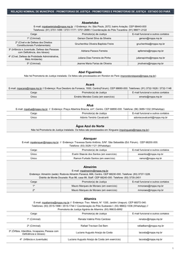 Relação Nominal De Municípios - Promotorias De Justiça - Promotores E Promotoras De Justiça - Estado Do Pará