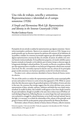 Una Vida De Trabajo, Sencilla Y Armoniosa. Representaciones E Identidad En El Campo Sonorense (1926)