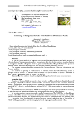 Screening of Mangystau Flora for Wild Relatives of Cultivated Plants