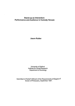 Stand-Up As Interaction: Performance and Audience in Comedy Venues