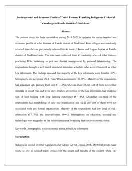 Socio-Personal and Economic Profile of Tribal Farmers Practicing Indigenous Technical Knowledge in Ranchi District of Jharkhand