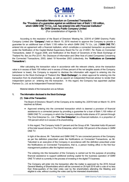 Information Memorandum on Connected Transaction Re: “Provision of a Guarantee Against an Additional Loan of Baht 1,100 Million, Which GMM ONE TV Co., Ltd
