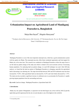 Urbanization Impact on Agricultural Land of Manikganj Pourashova, Bangladesh