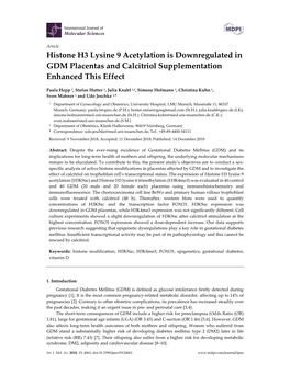 Histone H3 Lysine 9 Acetylation Is Downregulated in GDM Placentas and Calcitriol Supplementation Enhanced This Effect