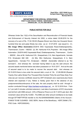 Of the Securitisation and Reconstruction of Financial Assets and Enforcement of Security Interest Act 2002, a Notice Dated 03.08.2016 for the Recovery of a Sum of Rs