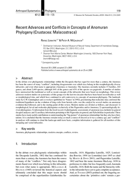 Recent Advances and Conflicts in Concepts of Anomuran Phylogeny (Crustacea: Malacostraca)