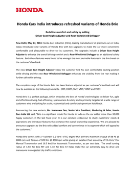 Honda Cars India Introduces Refreshed Variants of Honda Brio