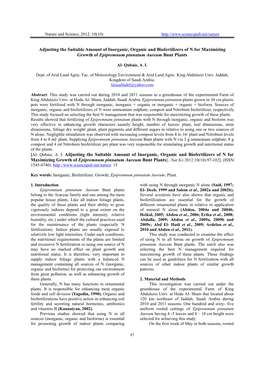 Adjusting the Suitable Amount of Inorganic, Organic and Biofertilizers of N for Maximizing Growth of Epipremnum Pinnatum Aureum Bunt Plants