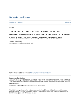 The Crisis of June 2020: the Case of the Retired Generals and Admirals and the Clarion Calls of Their Critics in Lex Non Scripta (Historic) Perspective