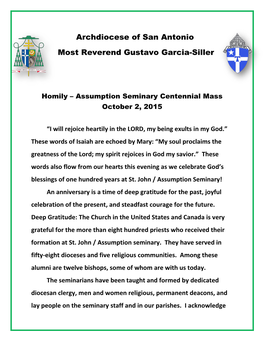 Assumption Seminary Centennial Mass October 2, 2015