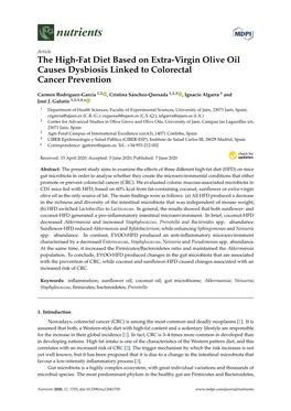 The High-Fat Diet Based on Extra-Virgin Olive Oil Causes Dysbiosis Linked to Colorectal Cancer Prevention