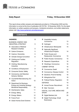 Daily Report Friday, 18 December 2020 CONTENTS