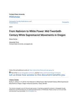 Mid-Twentieth-Century White Supremacist Movements in Oregon