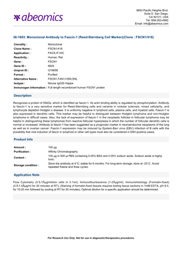 36-1693: Monoclonal Antibody to Fascin-1 (Reed-Sternberg Cell Marker)(Clone : FSCN1/418) Description Product Info Application No