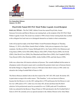 Floyd Little Named 2013 Pwc Doak Walker Legends Award Recipient