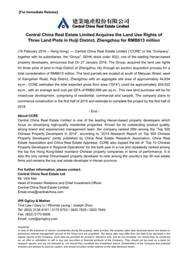 Central China Real Estate Limited Acquires the Land Use Rights of Three Land Plots in Huiji District, Zhengzhou for RMB613 Million