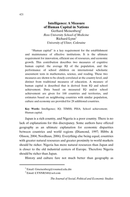 Intelligence: a Measure of Human Capital in Nations Gerhard Meisenberg1 Ross University School of Medicine Richard Lynn2 University of Ulster, Coleraine