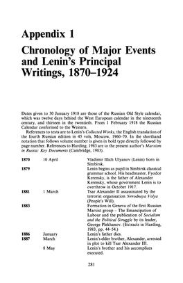 Appendix 1 Chronology of Major Events and Lenin's Principal Writings, 1870-1924