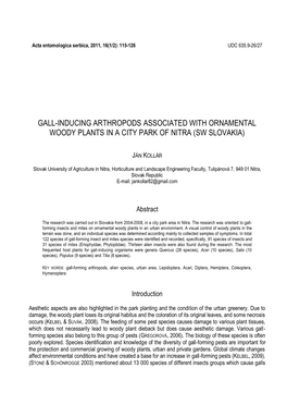 Gall-Inducing Arthropods Associated with Ornamental Woody Plants in a City Park of Nitra (Sw Slovakia)