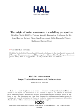 The Origin of Asian Monsoons: a Modelling Perspective