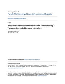 President Harry S. Truman and the End of European Colonialism