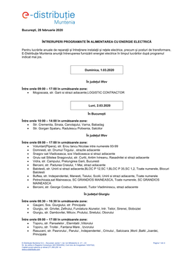 Bucureşti, 28 Februarie 2020 ÎNTRERUPERI PROGRAMATE ÎN