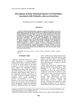 Description of Some Nematode Species of Tylenchidae, Associated with Polianthes Tuberosa from Iran