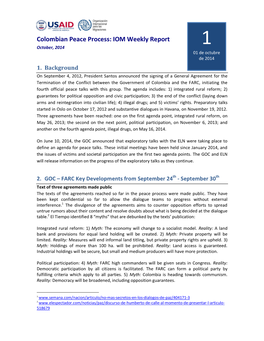 Colombian Peace Process: IOM Weekly Report 1 October, 2014 01 De Octubre De 2014