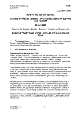 Derwent Valley Mills World Heritage Site Management Plan