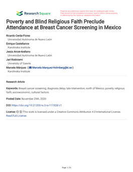 Poverty and Blind Religious Faith Preclude Attendance at Breast Cancer Screening in Mexico