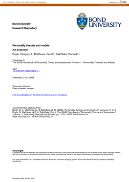 Personality Theories and Models an Overview Boyle, Gregory J.; Matthews, Gerald; Saklofske, Donald H