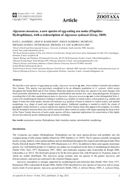 Aipysurus Mosaicus, a New Species of Egg-Eating Sea Snake (Elapidae: Hydrophiinae), with a Redescription of Aipysurus Eydouxii (Gray, 1849)