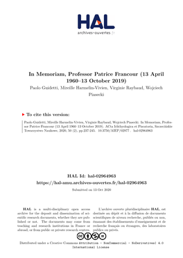 In Memoriam, Professor Patrice Francour (13 April 1960–13 October 2019) Paolo Guidetti, Mireille Harmelin-Vivien, Virginie Raybaud, Wojciech Piasecki