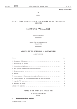 Minutes of the Sitting of 16 January 2012