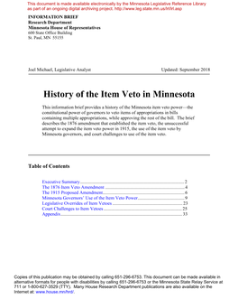 History of the Item Veto in Minnesota