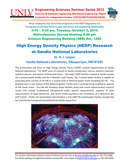 High Energy Density Physics (HEDP) Research at Sandia National Laboratories Dr