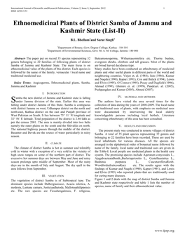 Ethnomedicinal Plants of District Samba of Jammu and Kashmir State (List-II)