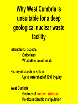 Why West Cumbria Is Unsuitable for a Deep Geological Nuclear Waste Facility