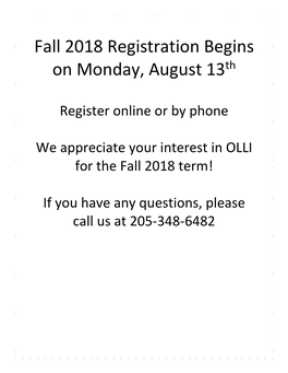 Fall 2018 Registration Begins on Monday, August 13Th